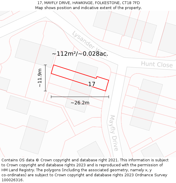 17, MAYFLY DRIVE, HAWKINGE, FOLKESTONE, CT18 7FD: Plot and title map