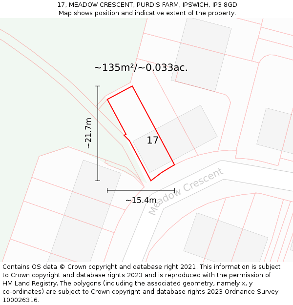 17, MEADOW CRESCENT, PURDIS FARM, IPSWICH, IP3 8GD: Plot and title map