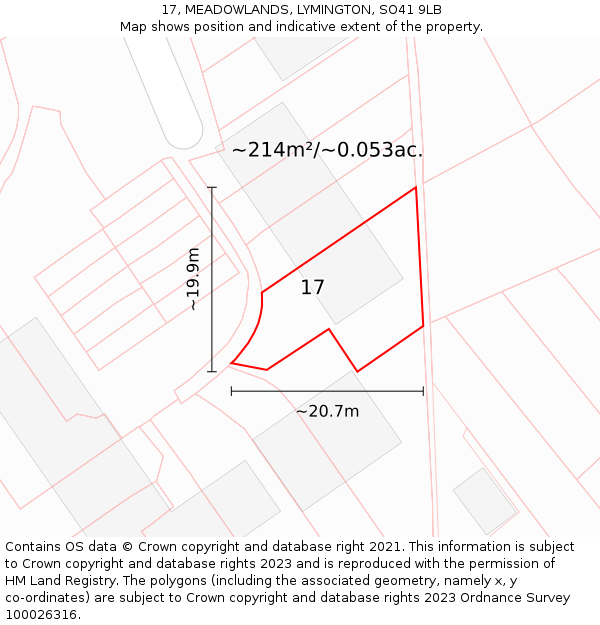 17, MEADOWLANDS, LYMINGTON, SO41 9LB: Plot and title map