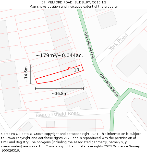 17, MELFORD ROAD, SUDBURY, CO10 1JS: Plot and title map