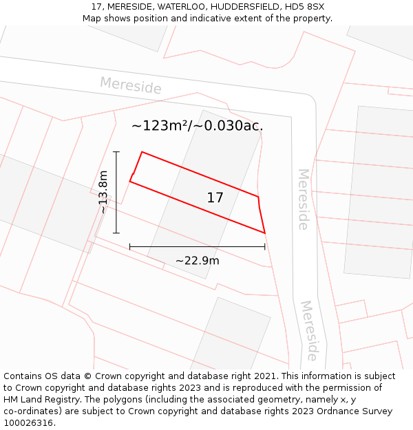 17, MERESIDE, WATERLOO, HUDDERSFIELD, HD5 8SX: Plot and title map