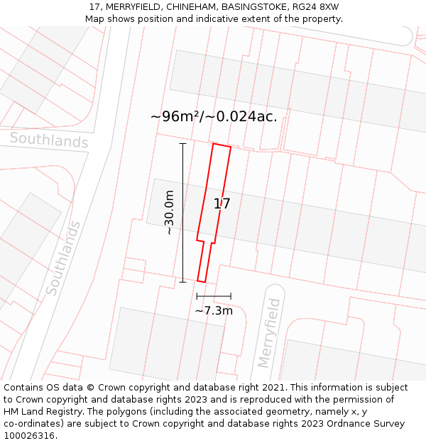 17, MERRYFIELD, CHINEHAM, BASINGSTOKE, RG24 8XW: Plot and title map