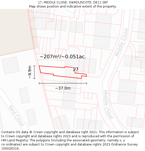 17, MIDDLE CLOSE, SWADLINCOTE, DE11 0EF: Plot and title map