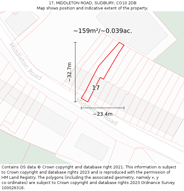 17, MIDDLETON ROAD, SUDBURY, CO10 2DB: Plot and title map