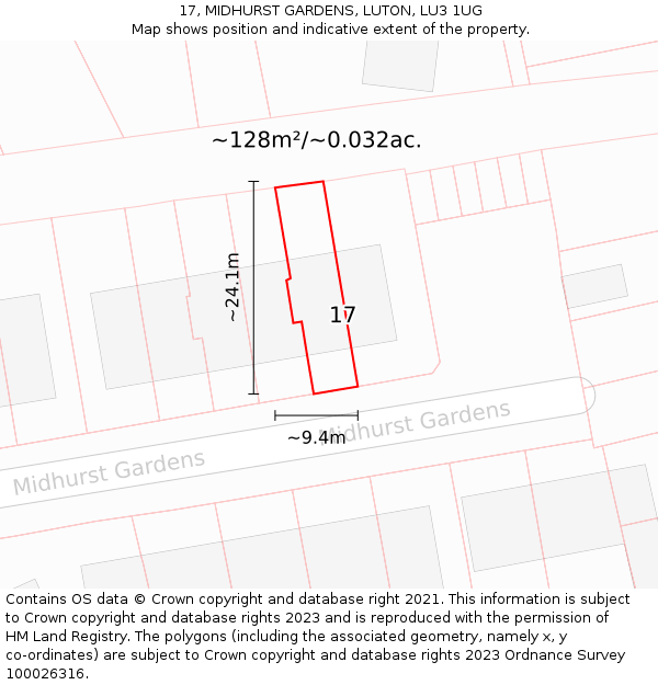 17, MIDHURST GARDENS, LUTON, LU3 1UG: Plot and title map