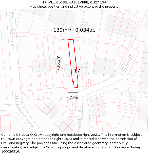 17, MILL CLOSE, HASLEMERE, GU27 1SA: Plot and title map