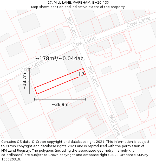17, MILL LANE, WAREHAM, BH20 4QX: Plot and title map