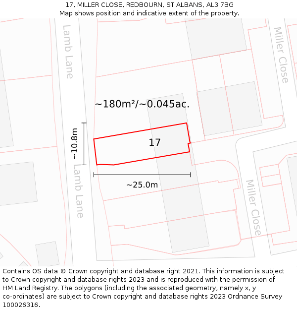17, MILLER CLOSE, REDBOURN, ST ALBANS, AL3 7BG: Plot and title map