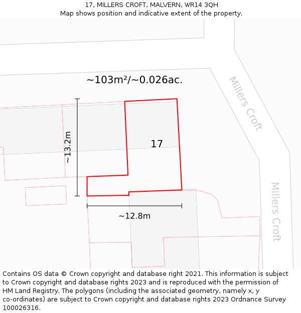 17, MILLERS CROFT, MALVERN, WR14 3QH: Plot and title map