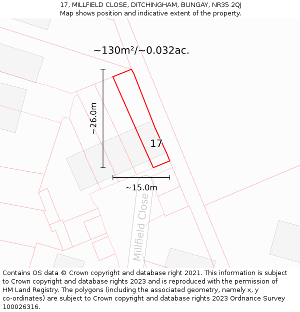 17, MILLFIELD CLOSE, DITCHINGHAM, BUNGAY, NR35 2QJ: Plot and title map