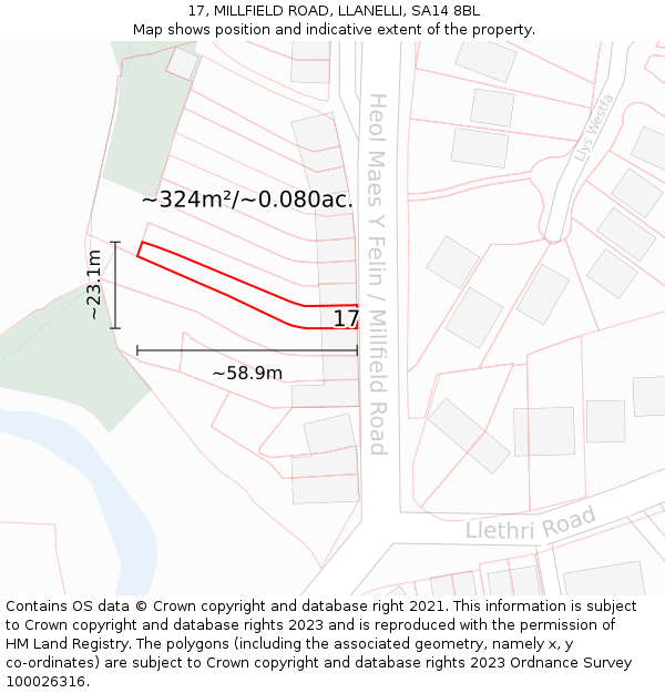 17, MILLFIELD ROAD, LLANELLI, SA14 8BL: Plot and title map