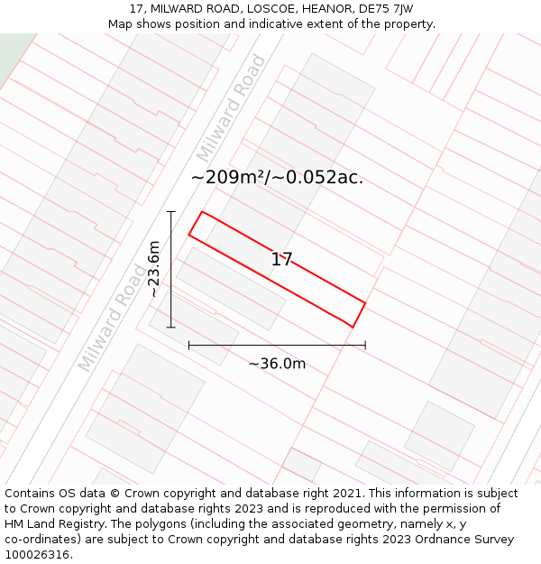 17, MILWARD ROAD, LOSCOE, HEANOR, DE75 7JW: Plot and title map