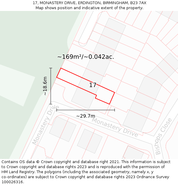 17, MONASTERY DRIVE, ERDINGTON, BIRMINGHAM, B23 7AX: Plot and title map