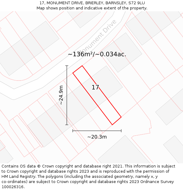 17, MONUMENT DRIVE, BRIERLEY, BARNSLEY, S72 9LU: Plot and title map