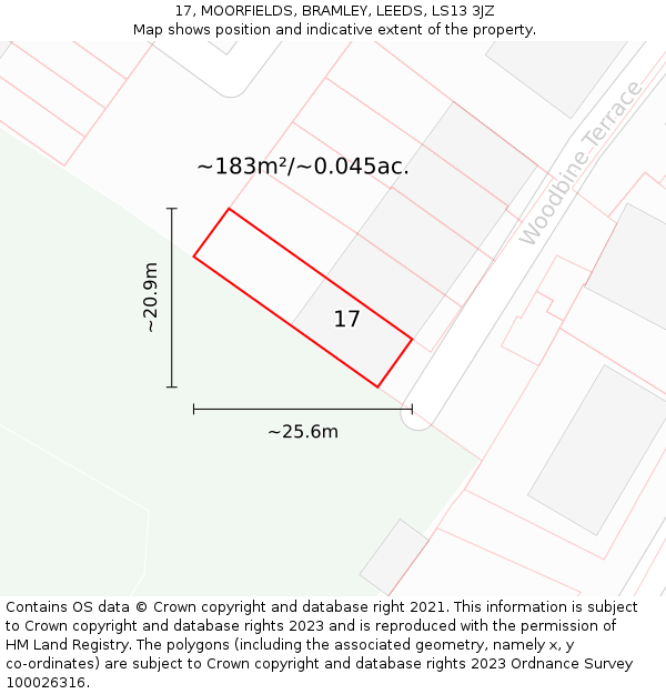 17, MOORFIELDS, BRAMLEY, LEEDS, LS13 3JZ: Plot and title map
