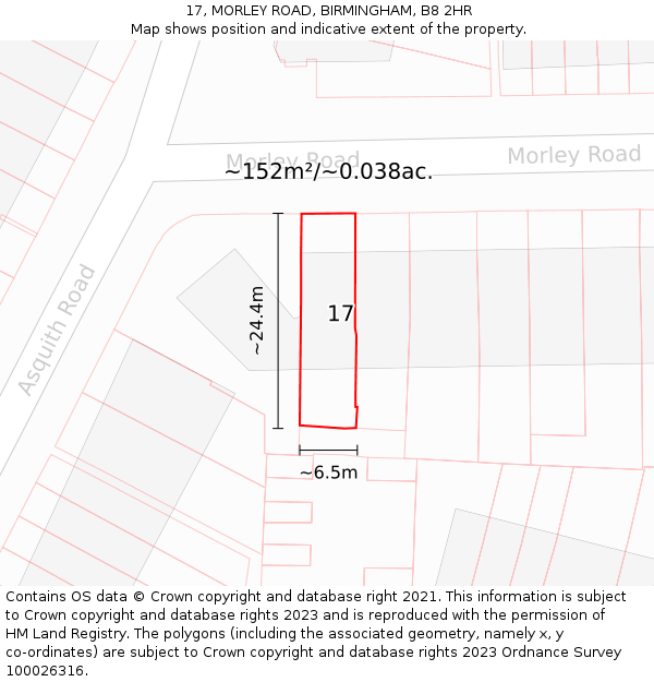 17, MORLEY ROAD, BIRMINGHAM, B8 2HR: Plot and title map