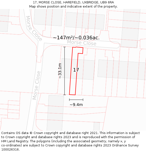 17, MORSE CLOSE, HAREFIELD, UXBRIDGE, UB9 6RA: Plot and title map