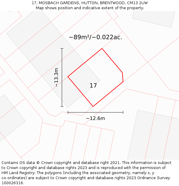 17, MOSBACH GARDENS, HUTTON, BRENTWOOD, CM13 2UW: Plot and title map