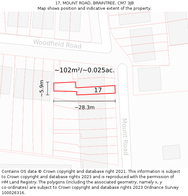17, MOUNT ROAD, BRAINTREE, CM7 3JB: Plot and title map