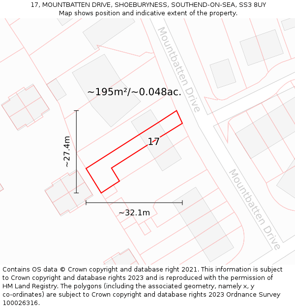 17, MOUNTBATTEN DRIVE, SHOEBURYNESS, SOUTHEND-ON-SEA, SS3 8UY: Plot and title map