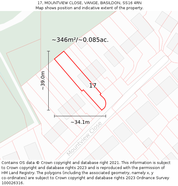 17, MOUNTVIEW CLOSE, VANGE, BASILDON, SS16 4RN: Plot and title map