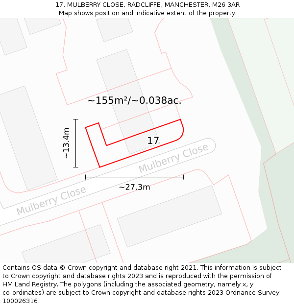17, MULBERRY CLOSE, RADCLIFFE, MANCHESTER, M26 3AR: Plot and title map