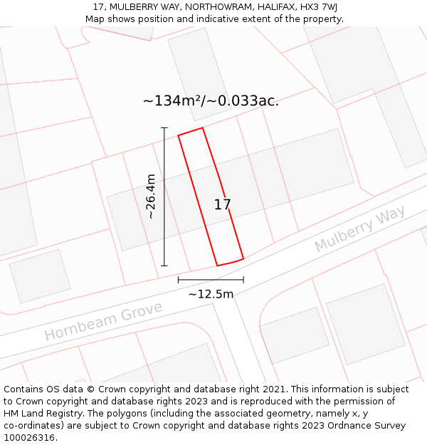 17, MULBERRY WAY, NORTHOWRAM, HALIFAX, HX3 7WJ: Plot and title map