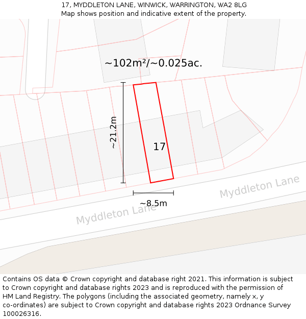 17, MYDDLETON LANE, WINWICK, WARRINGTON, WA2 8LG: Plot and title map