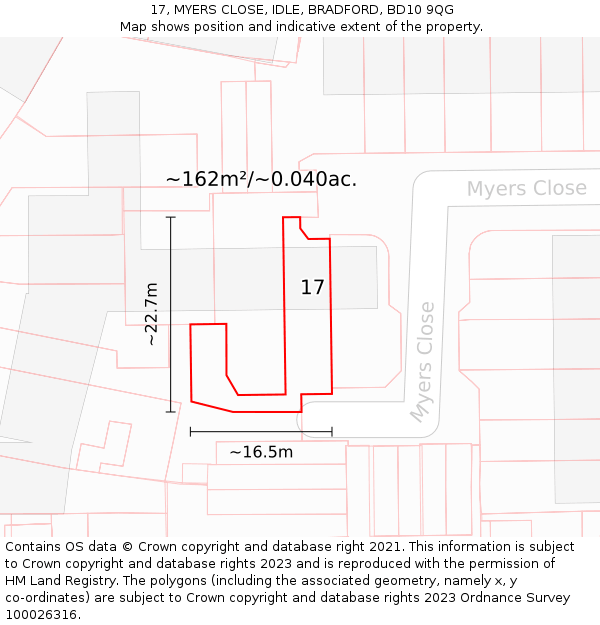 17, MYERS CLOSE, IDLE, BRADFORD, BD10 9QG: Plot and title map