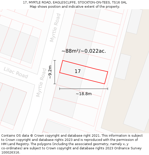 17, MYRTLE ROAD, EAGLESCLIFFE, STOCKTON-ON-TEES, TS16 0AL: Plot and title map