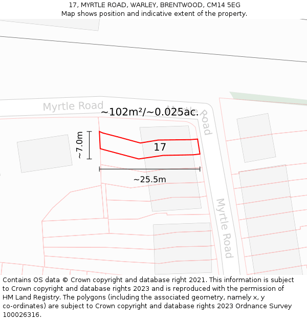 17, MYRTLE ROAD, WARLEY, BRENTWOOD, CM14 5EG: Plot and title map