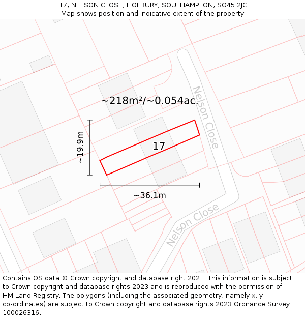 17, NELSON CLOSE, HOLBURY, SOUTHAMPTON, SO45 2JG: Plot and title map