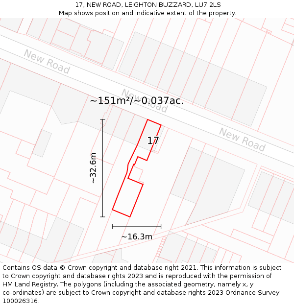 17, NEW ROAD, LEIGHTON BUZZARD, LU7 2LS: Plot and title map