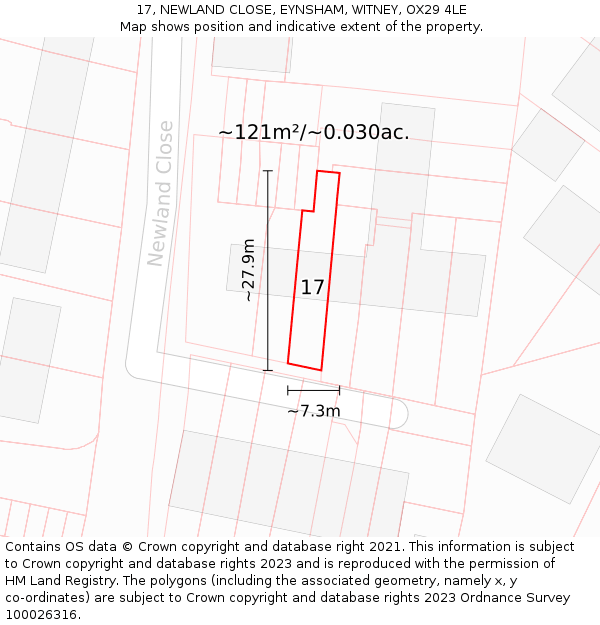 17, NEWLAND CLOSE, EYNSHAM, WITNEY, OX29 4LE: Plot and title map