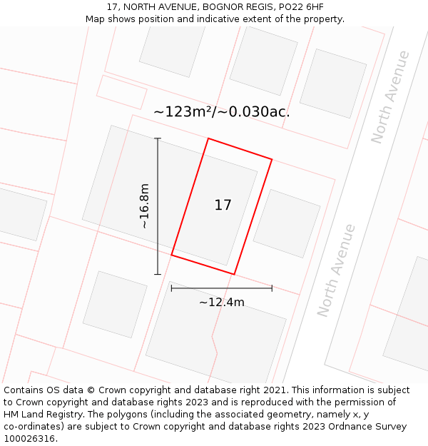 17, NORTH AVENUE, BOGNOR REGIS, PO22 6HF: Plot and title map