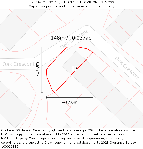 17, OAK CRESCENT, WILLAND, CULLOMPTON, EX15 2SS: Plot and title map
