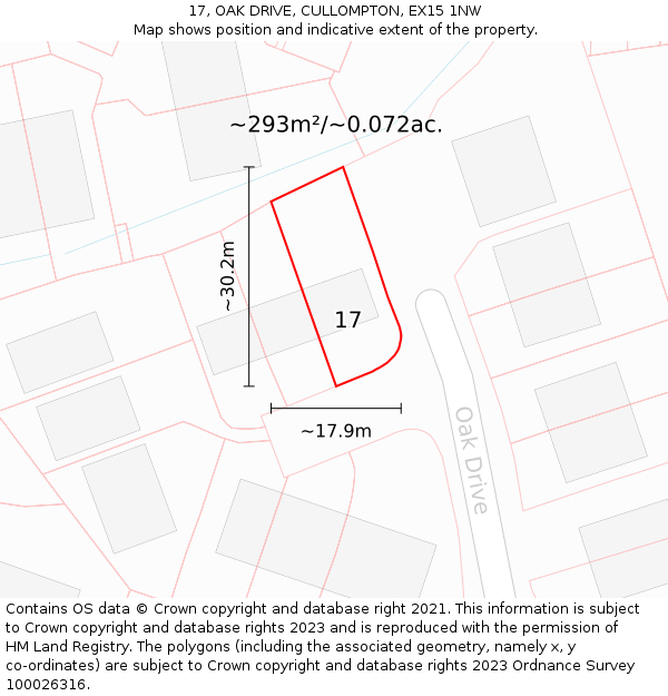 17, OAK DRIVE, CULLOMPTON, EX15 1NW: Plot and title map