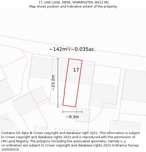 17, OAK LANE, MERE, WARMINSTER, BA12 6FJ: Plot and title map