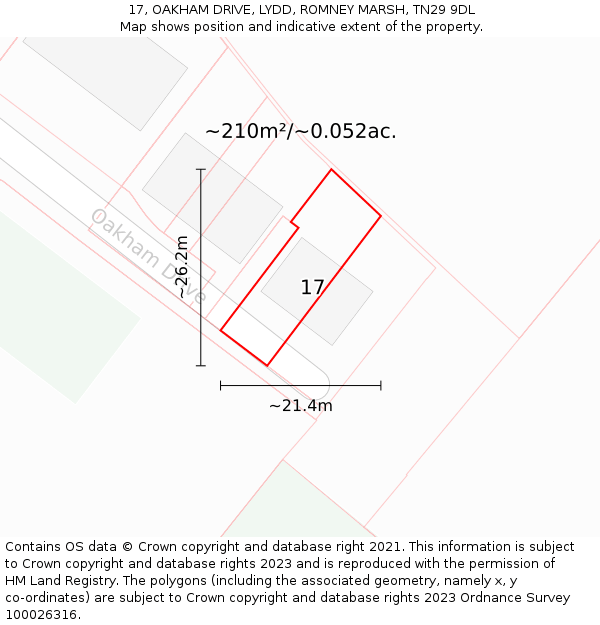 17, OAKHAM DRIVE, LYDD, ROMNEY MARSH, TN29 9DL: Plot and title map