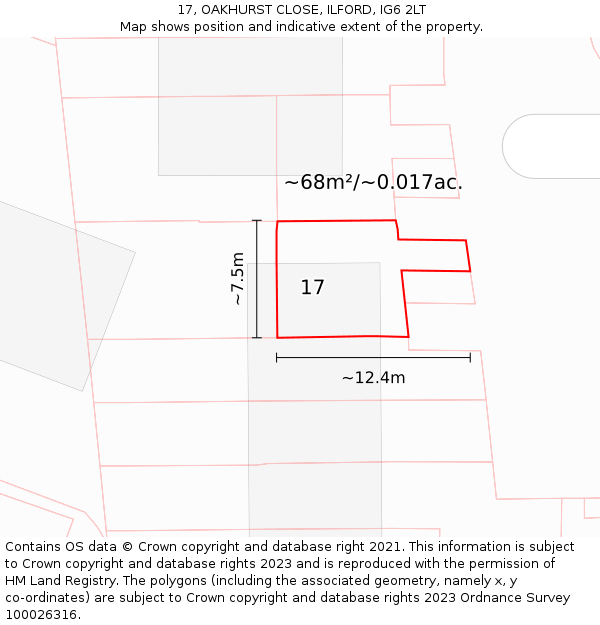 17, OAKHURST CLOSE, ILFORD, IG6 2LT: Plot and title map