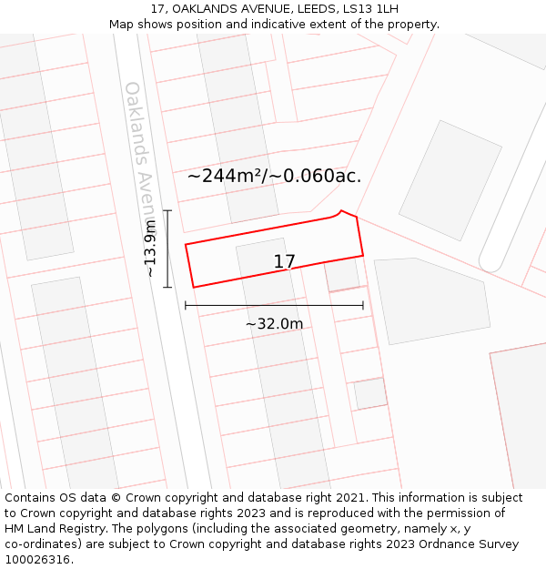17, OAKLANDS AVENUE, LEEDS, LS13 1LH: Plot and title map