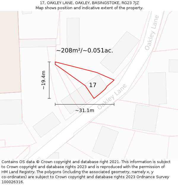 17, OAKLEY LANE, OAKLEY, BASINGSTOKE, RG23 7JZ: Plot and title map
