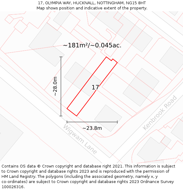 17, OLYMPIA WAY, HUCKNALL, NOTTINGHAM, NG15 8HT: Plot and title map