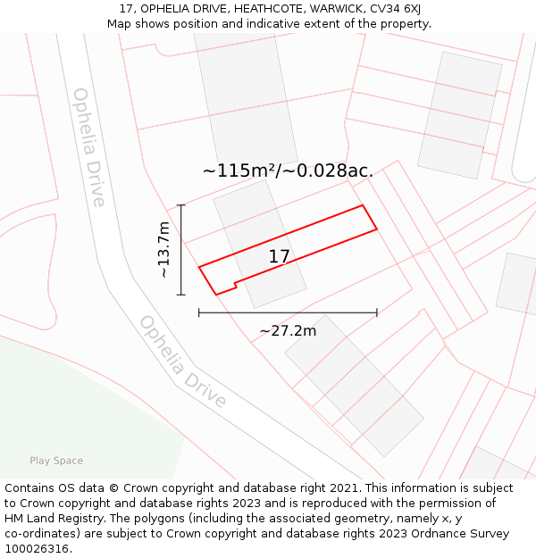 17, OPHELIA DRIVE, HEATHCOTE, WARWICK, CV34 6XJ: Plot and title map