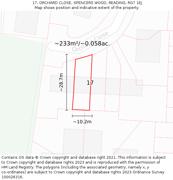 17, ORCHARD CLOSE, SPENCERS WOOD, READING, RG7 1EJ: Plot and title map