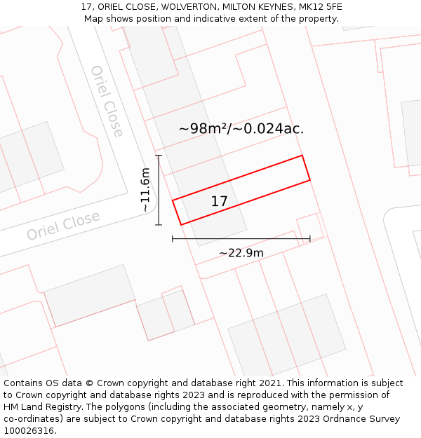 17, ORIEL CLOSE, WOLVERTON, MILTON KEYNES, MK12 5FE: Plot and title map