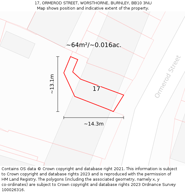 17, ORMEROD STREET, WORSTHORNE, BURNLEY, BB10 3NU: Plot and title map