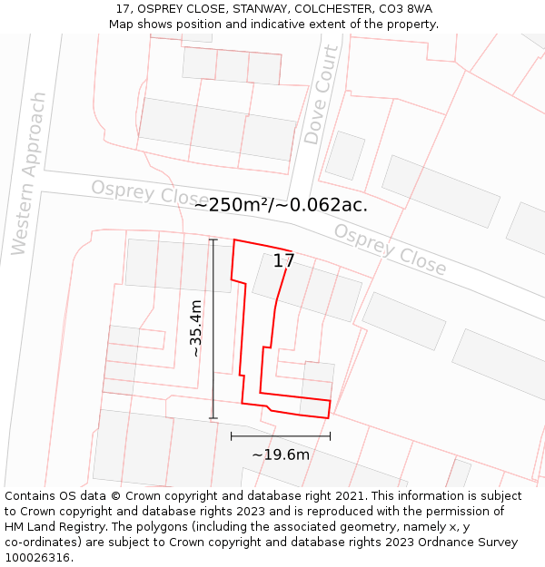 17, OSPREY CLOSE, STANWAY, COLCHESTER, CO3 8WA: Plot and title map