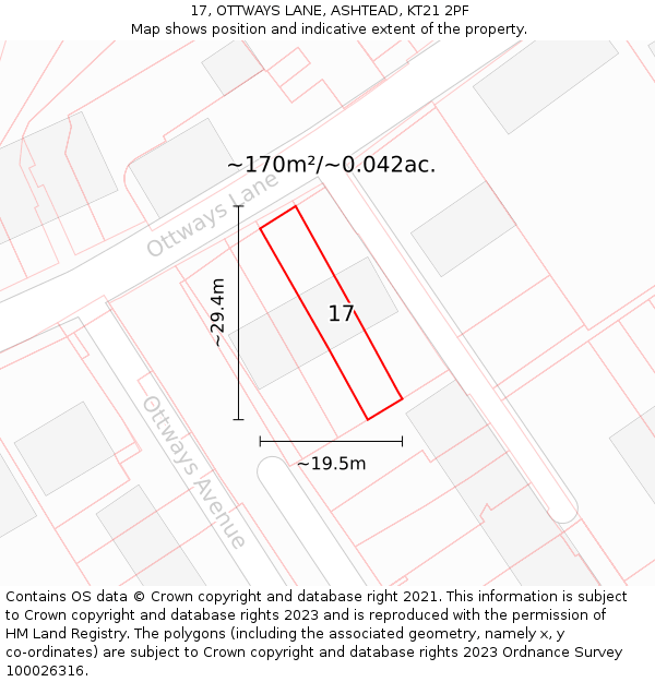 17, OTTWAYS LANE, ASHTEAD, KT21 2PF: Plot and title map
