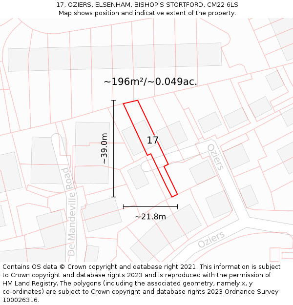 17, OZIERS, ELSENHAM, BISHOP'S STORTFORD, CM22 6LS: Plot and title map